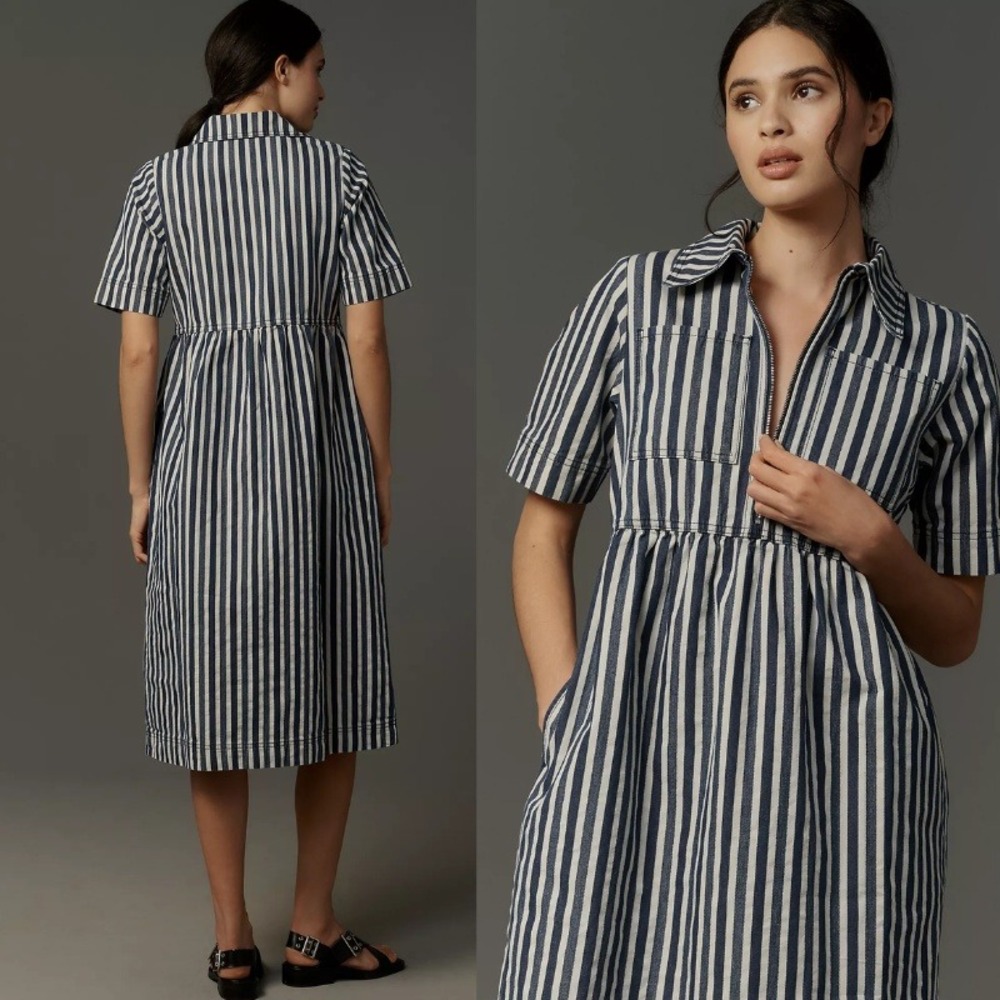 Anthropologie ALIGNE Gabriella Short-Sleeve Denim Midi Dress Striped Size 12 - Picture 3 of 9